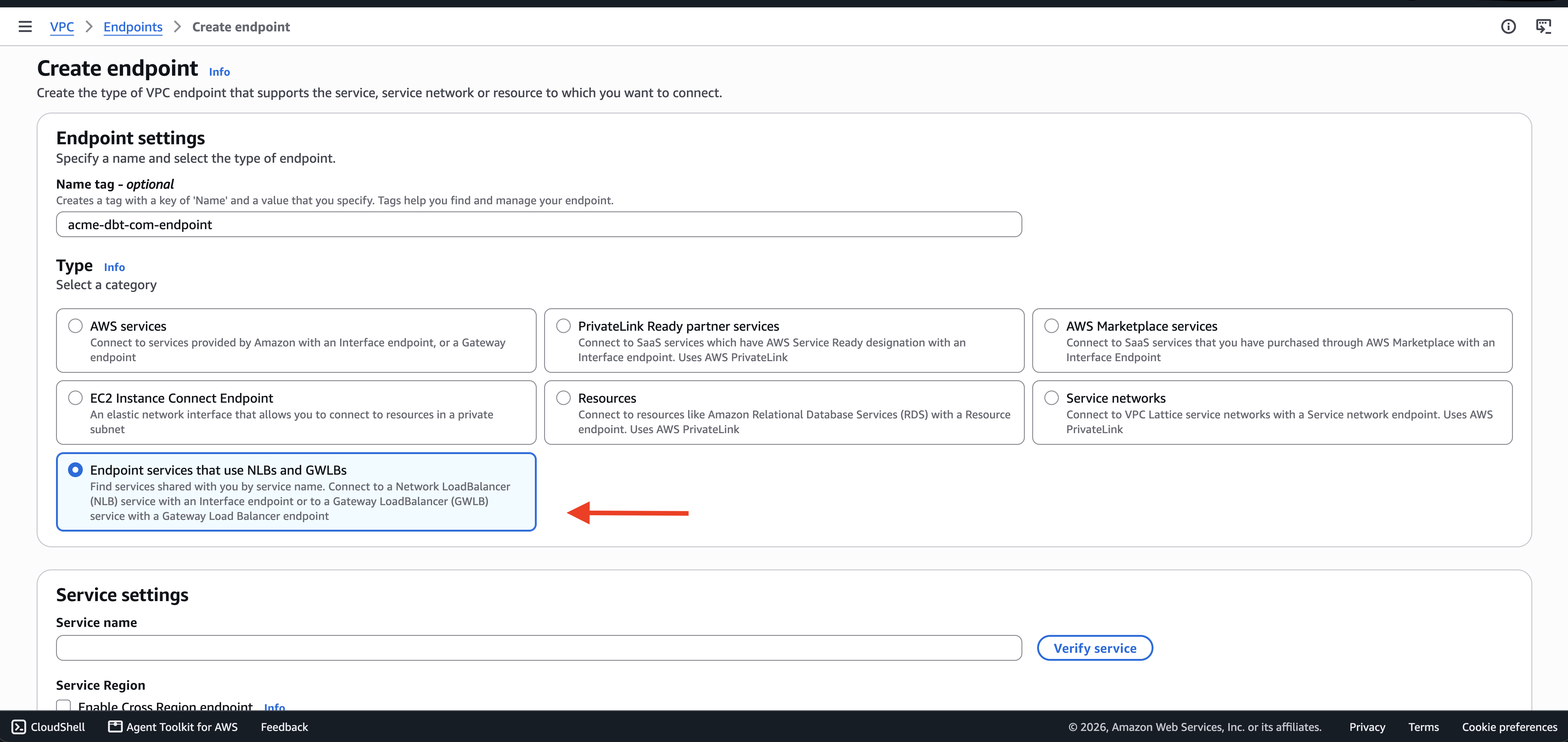 Create endpoint page with 'Endpoint services that use NLBs and GWLBs' selected as the type