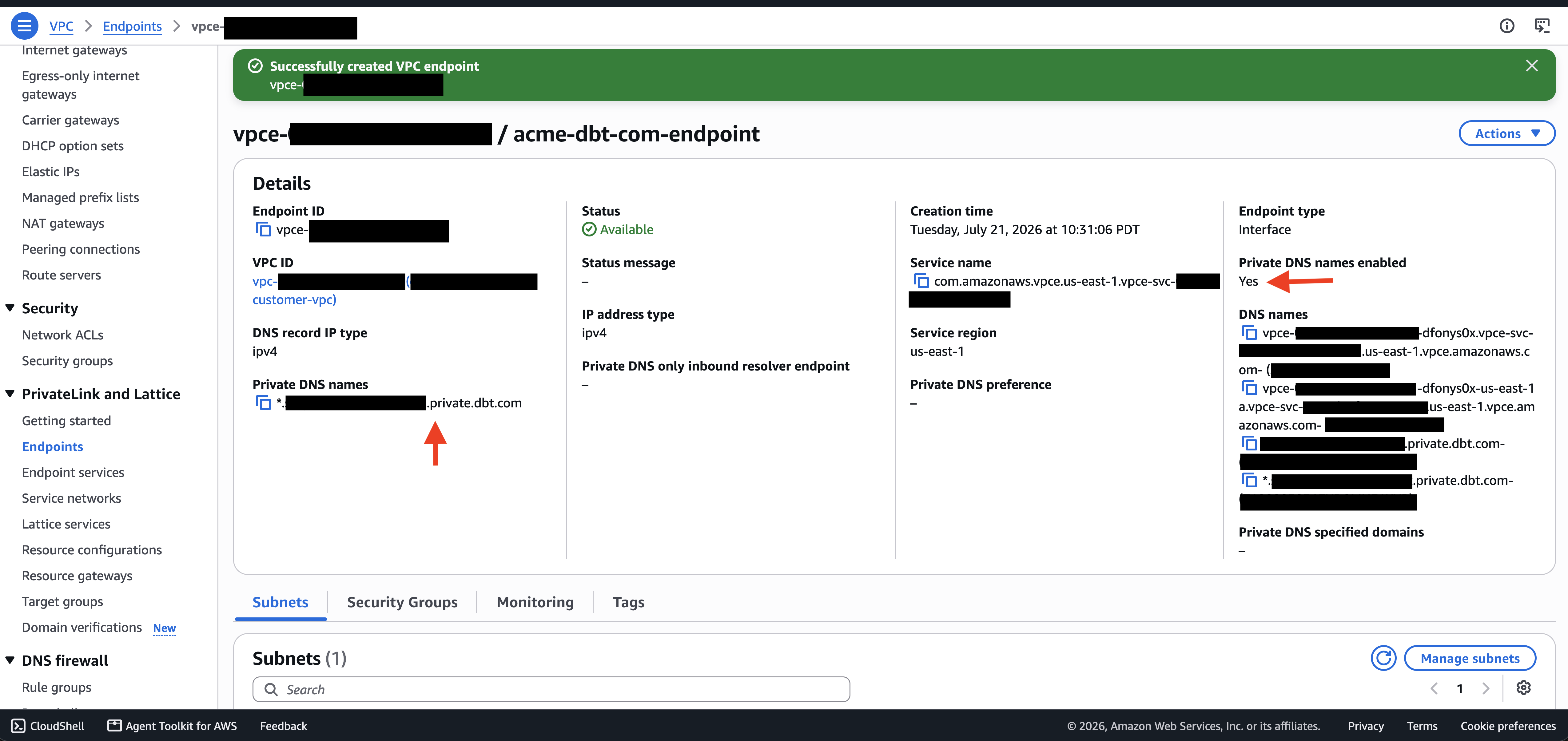 Endpoint details page showing status Available, private DNS names enabled, and the private.dbt.com record
