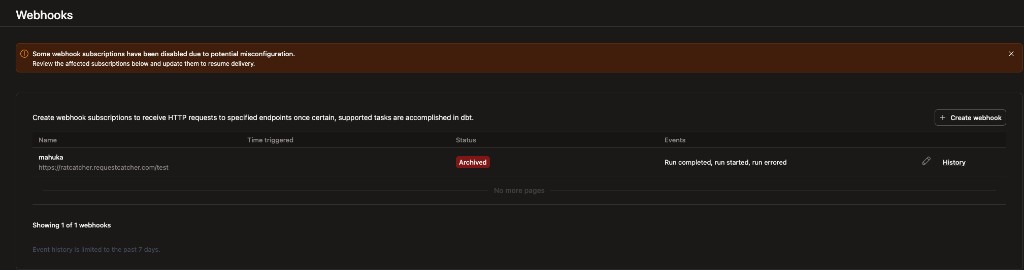 Webhooks page showing the archived subscription warning banner with the 'Archived; status badge Webhooks page showing the archived subscription warning banner with the 'Archived; status badge